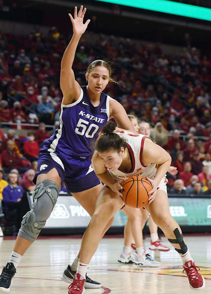 Iowa State Cyclones center Beatriz Jordo (25) looks for a drive around Kansas State Wildcats center Ayoka Lee (50) during the second quarter at Hilton Coliseum Wednesday, Feb. 2, 2022, in Ames, Iowa.